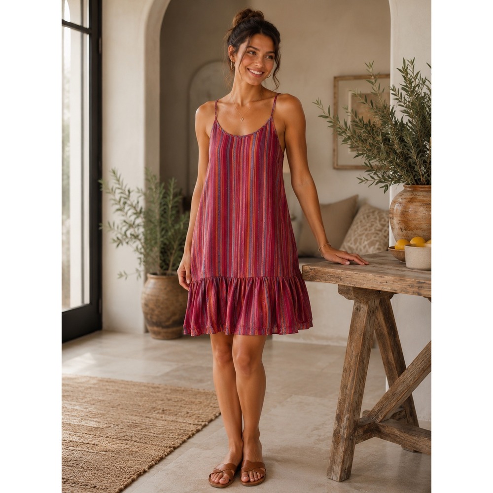Linen Blend Striped Swing Dress L Boho Ruffle Hem Beach Vacation Mini Dress